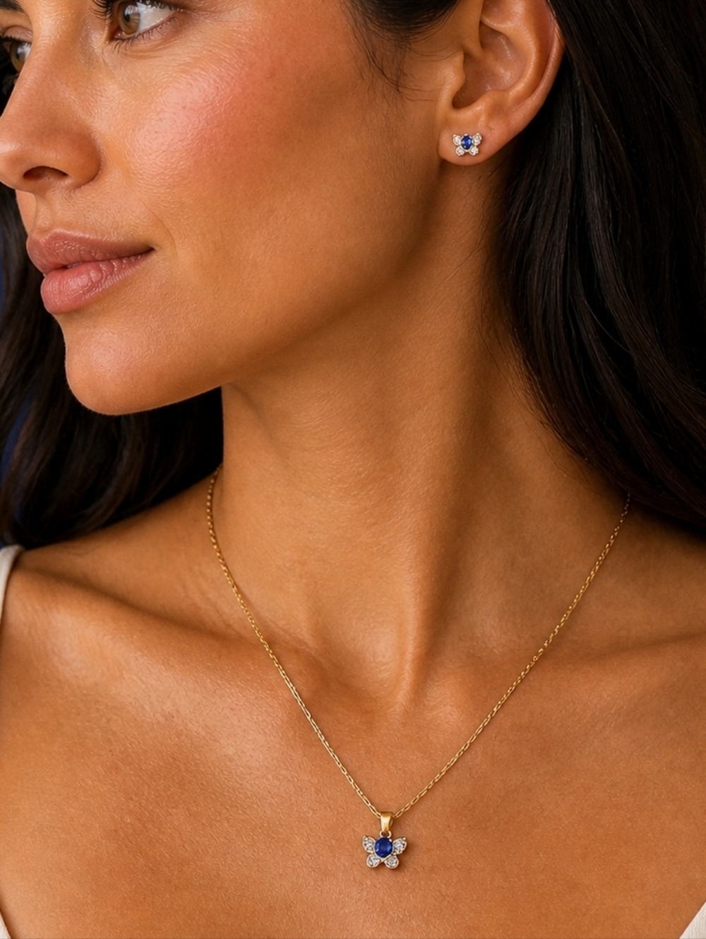 DAINTY 18k Gold Plated Crystal Butterfly Pendant Earrings Necklace Set